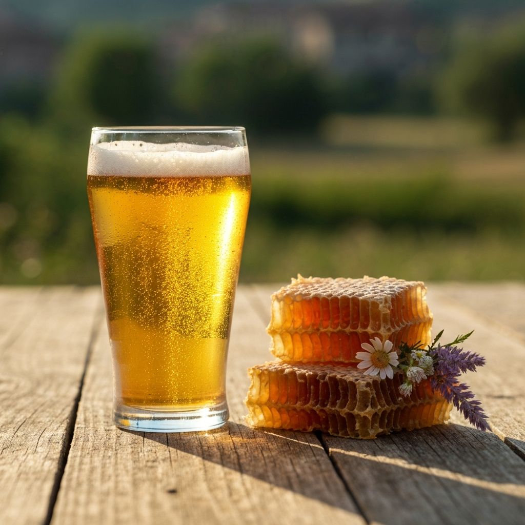 Bicchiere di birra al miele con favo e fiori